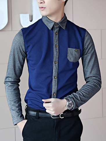 New Fashion Slim Long Sleeves Causal Shirts 907SJ-020-38-Dark Blue