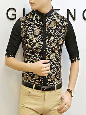 New Fashion Slim Half Sleeves Causal Shirts 907SJ-061-58-Black