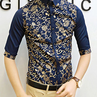 New Fashion Slim Half Sleeves Causal Shirts 907SJ-061-58-Black - Thumbnail 3