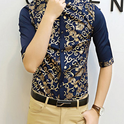 New fashion slim half sleeves causal shirts 907sj-061-58-navy blue