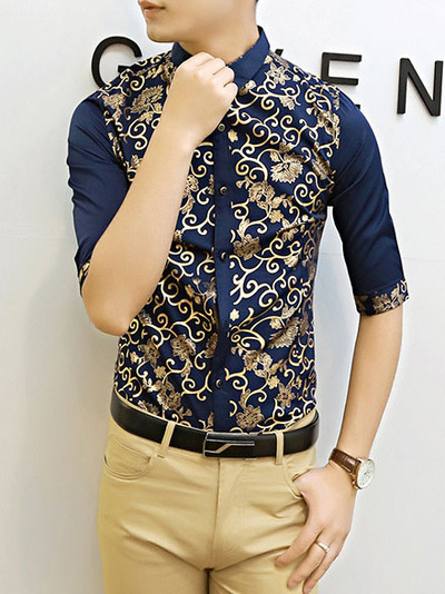 New fashion slim half sleeves causal shirts 907sj-061-58-navy blue