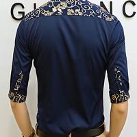 New Fashion Slim Half Sleeves Causal Shirts 907SJ-061-58-Navy Blue - Thumbnail 2