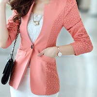 Fashion Cotton Korean Style Plain Womens Suit Jackets FLA1089-3088-68-Pink - Thumbnail 1