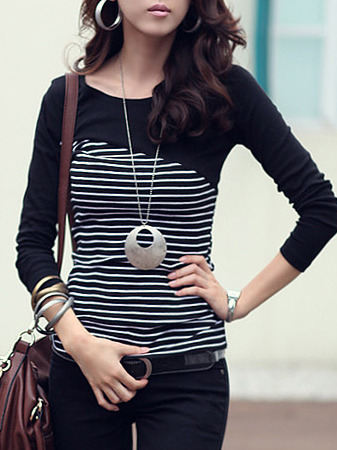 Women Fashion Round Neck Long Sleeve Shirt FLA1089-3096-25-Black