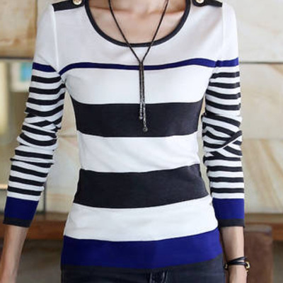 Women fashion round neck long sleeve shirt fla1089-3102-31-blue