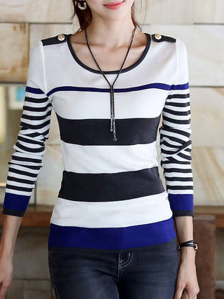Women Fashion Round Neck Long Sleeve Shirt FLA1089-3102-31-Blue
