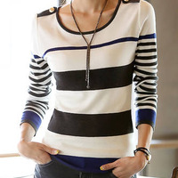 Women Fashion Round Neck Long Sleeve Shirt FLA1089-3102-31-Blue - Thumbnail 2