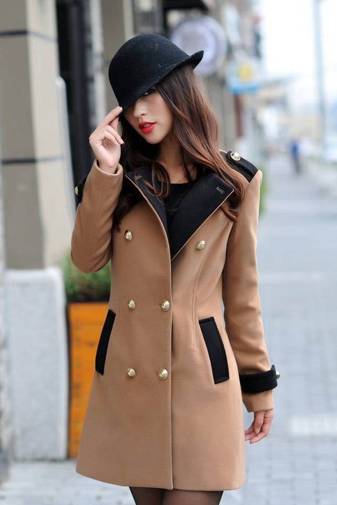 Blend Camel Black Long Sleeve Double Breasted Coat Camel