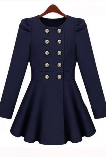 Long Sleeve Double Breasted Flare Hem Wool Coat Navy