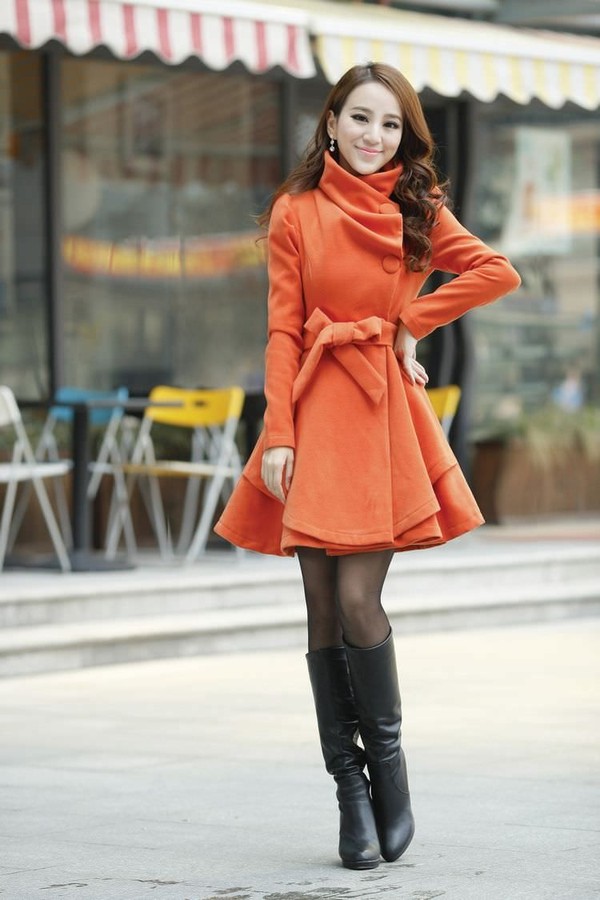 Long Woollen Coat Lapels Han Edition Orange