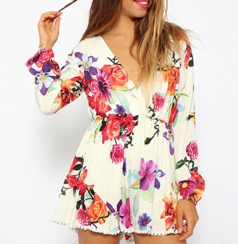 Flower long sleeved V-neck playsuit