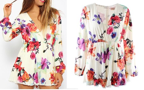 Flower long sleeved V-neck playsuit