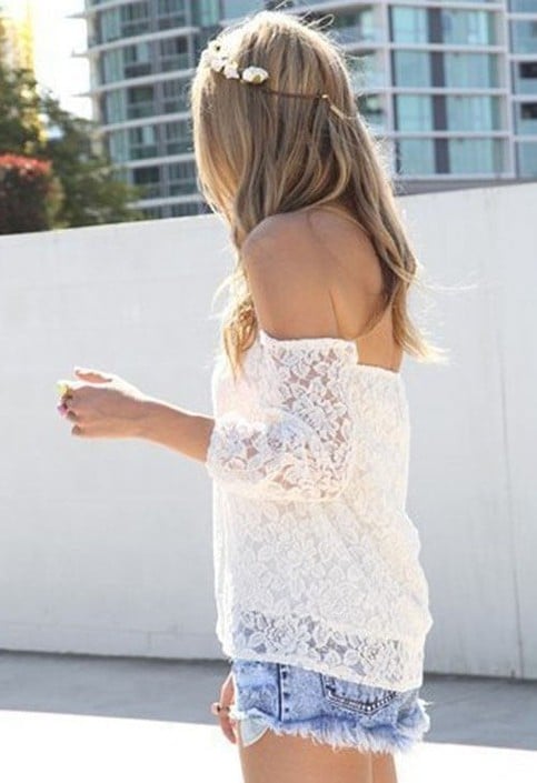 White Lace Off-shoulder Loose Tops