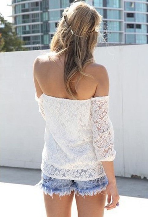 White Lace Off-shoulder Loose Tops