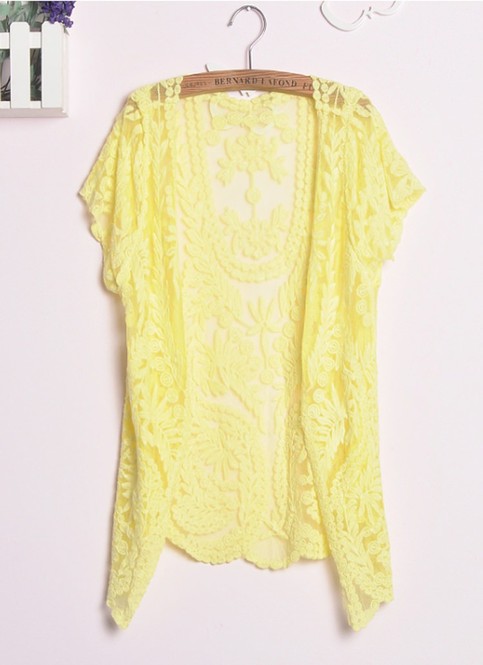 Lace Embroidered crochet Casual shirt open blouse tops blusas Short sleeve