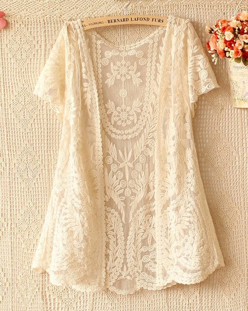 Lace Embroidered crochet Casual shirt open blouse tops blusas Short sleeve