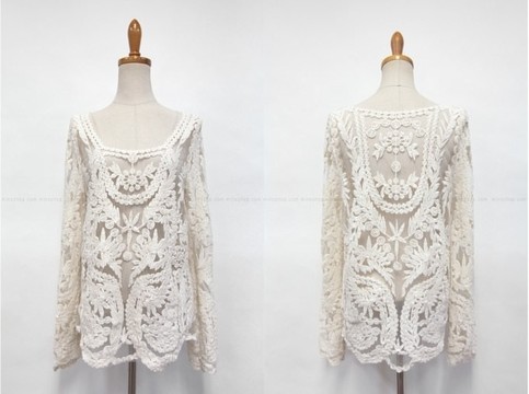 Lace Embroidered crochet Casual shirt blouse tops blusas Long sleeve White