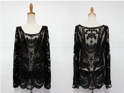 Lace Embroidered crochet Casual shirt blouse tops blusas Long sleeve Black