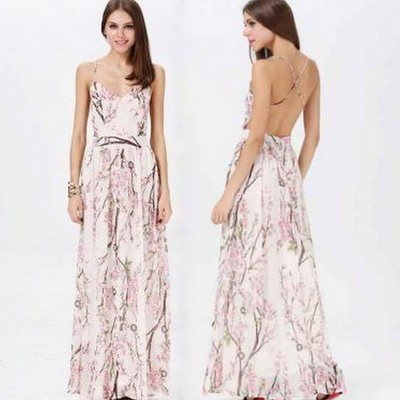 Cherry blossom floral print backless maxi dress