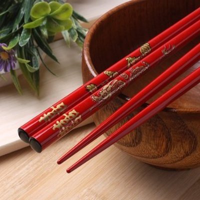 Chinese Double Happiness Chopsticks-(Hot Red/Gold)-5 Pair Set