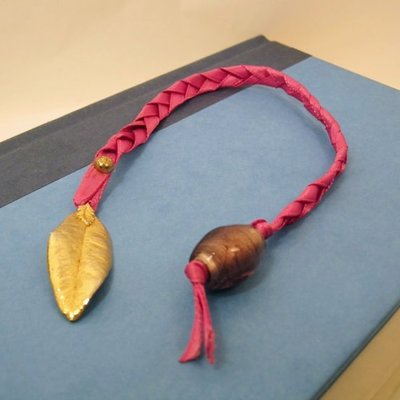 Pink braided ribbon bookmark w/gold dipped leaf