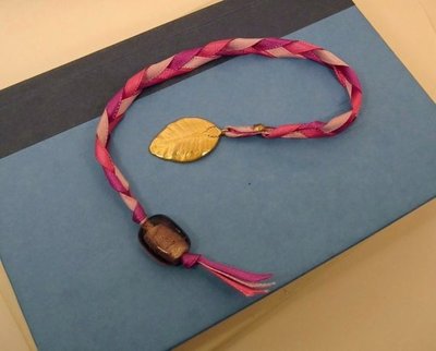 Purple and Pink Braided Ribbon Bookmark w/Gold Dipped Leaf