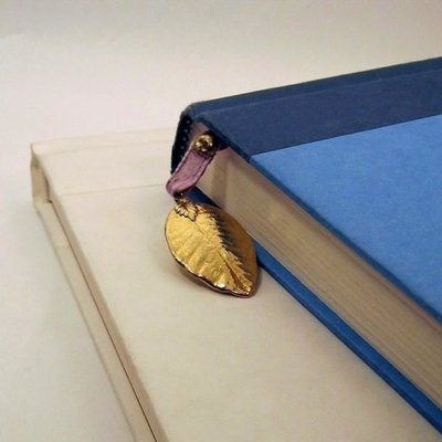 Purple and pink braided ribbon bookmark w/gold dipped leaf