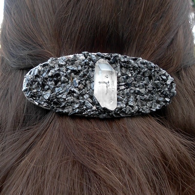 Quartz point w/snowflake obsidian hair clip