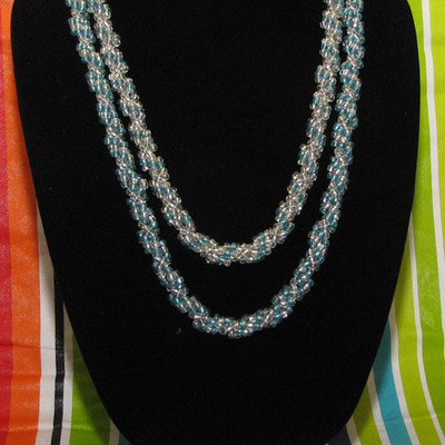 Blue and crystal - hand woven glass beaded spiral rope - double strand