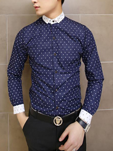 Fashion Korean Style Slim Long Sleeves Causal Shirts 907ASJ-C26-48-Navy Blue
