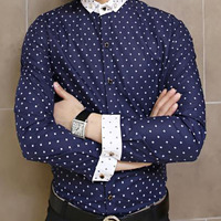 Fashion Korean Style Slim Long Sleeves Causal Shirts 907ASJ-C26-48-Navy Blue - Thumbnail 1