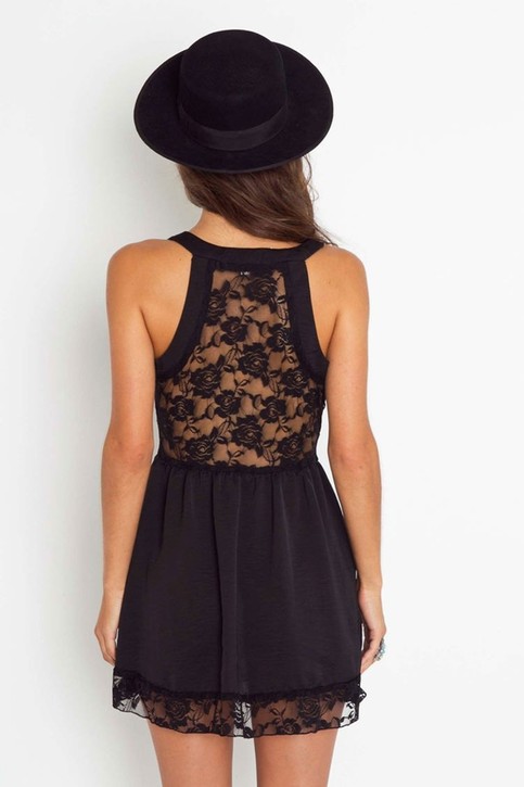 Black lace front fly breasted lace dress