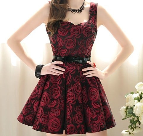 Rose Printed Emprie Waist Ball Gown Sleeveless Dress