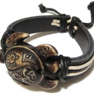 Sea turtle bracelet with coqui taino and taino sun-(brown)-unisex adjustable