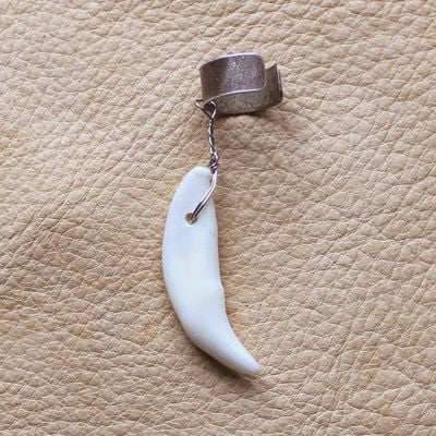 Real coyote canine fang tooth on silver-plated brass ear cuff
