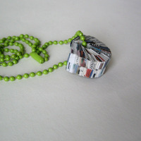 Upcycled Paper Pendant on Green Ball Chain - Thumbnail 1