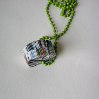 Upcycled Paper Pendant on Green Ball Chain - Thumbnail 2