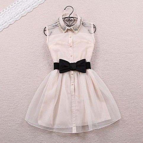 Pearl diamond lapel sleeveless chiffon gauze tutu Belt Beige