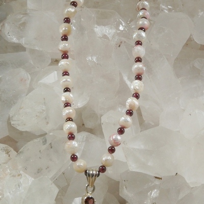 Freshwater pearl, red garnet and rainbow moonstone