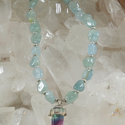 Aquamarine necklace with rainbow fluorite pendant