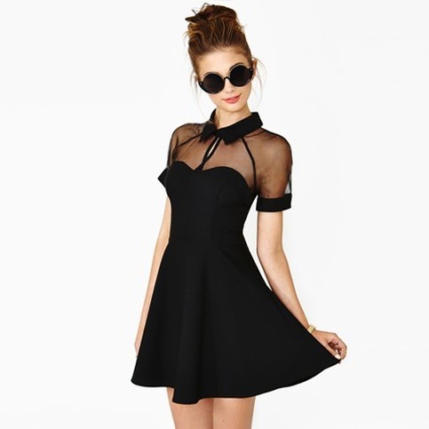 Turn-down Collar Grenadine Chiffon Patchwork Short Sleeve Hollow Out Black Mini Casual 