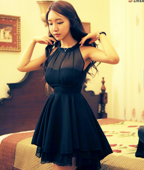 Waist Irregular Hem Chiffon Dress Black and Pink