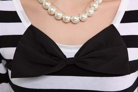 White black stripe long sleeve bow dress