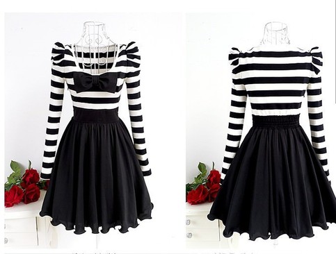 White black stripe long sleeve bow dress