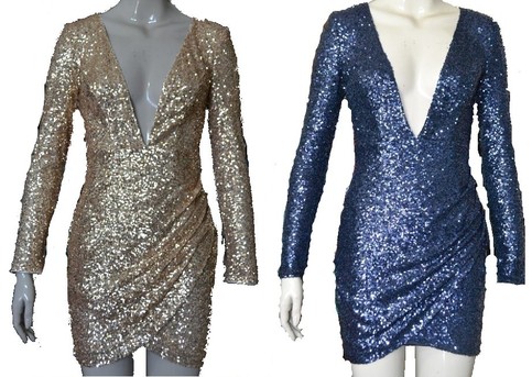 sequined V-neck long-sleeved dress irregular BODYCON