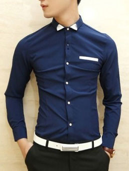 New Fashion Slim Long Sleeves Causal Shirts 907ASJ-CS28-43-Navy Blue