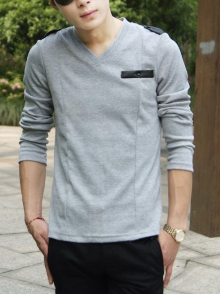 New Fashion Slim Long Sleeves Causal Shirts 907ASJ-T01-33-Light Gray