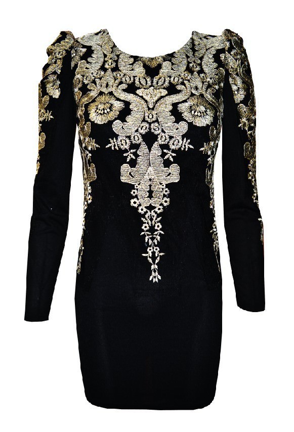 Gold Embroidered Puff Sleeve Mini Dress In Black