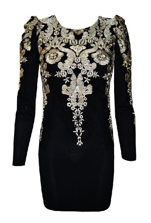 Gold Embroidered Puff Sleeve Mini Dress In Black