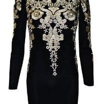 Gold Embroidered Puff Sleeve Mini Dress In Black